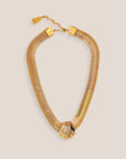 d-by-dalia-jewelry gold-toned statement necklace with an intricate mesh-link design and a central knot detail.