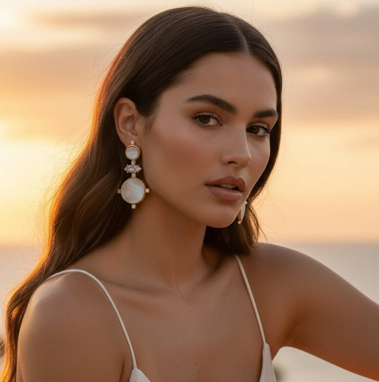 d-by-dalia-jewelry tiered drop earrings featuring iridescent mother-of-pearl and crystals on a woman at sunset