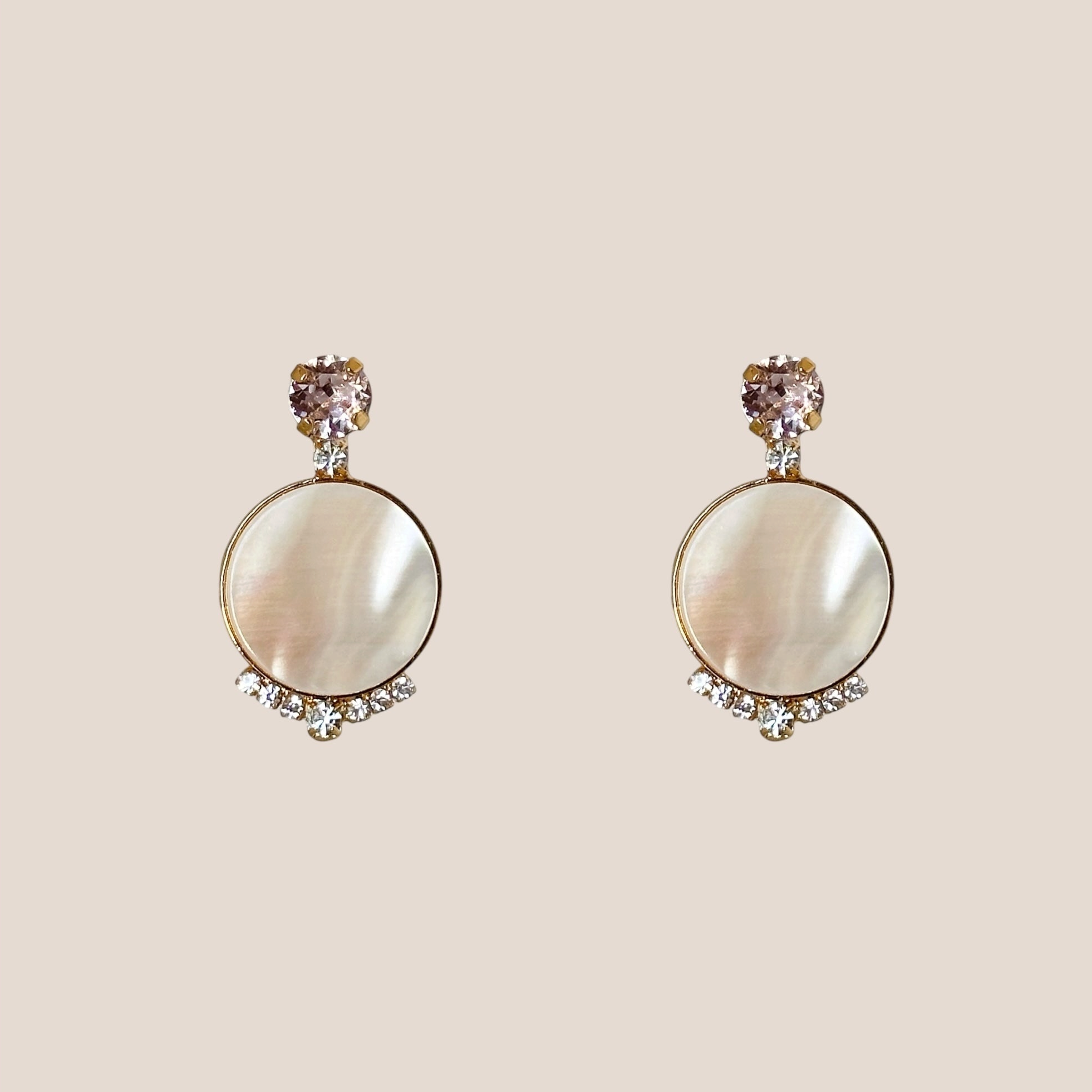 d-by-dalia-jewelry gold-toned round drop earrings with mother-of-pearl inlay, crystal accents, and stud backings.