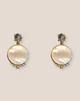 d-by-dalia-jewelry round mother-of-pearl drop earrings with gold setting, crystal accents, and stud backings.