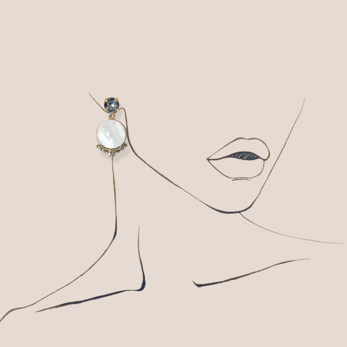 d-by-dalia-jewelry round drop earrings with mother-of-pearl, blue crystal stud, and clear pavé accents on a sketch