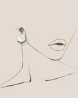 d-by-dalia-jewelry round drop earrings with mother-of-pearl, blue crystal stud, and clear pavé accents on a sketch