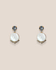 d-by-dalia-jewelry round drop earrings with mother-of-pearl, blue crystal studs, and clear pavé crystal accents.