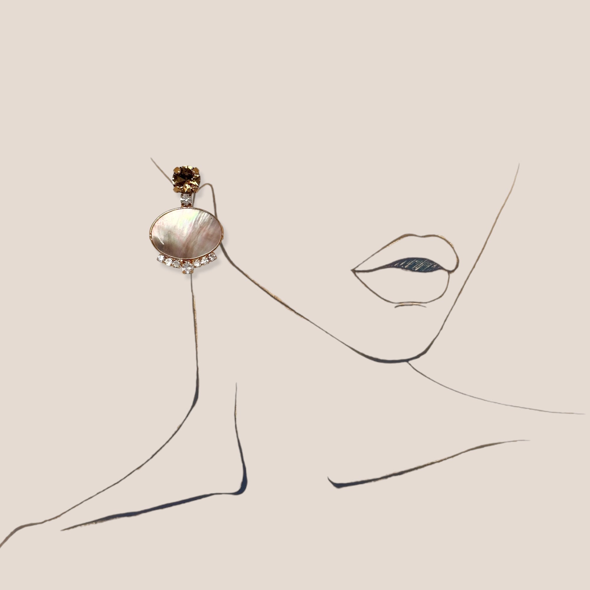 d-by-dalia-jewelry oval drop earrings featuring mother-of-pearl, champagne crystal stud, and clear crystal accents.