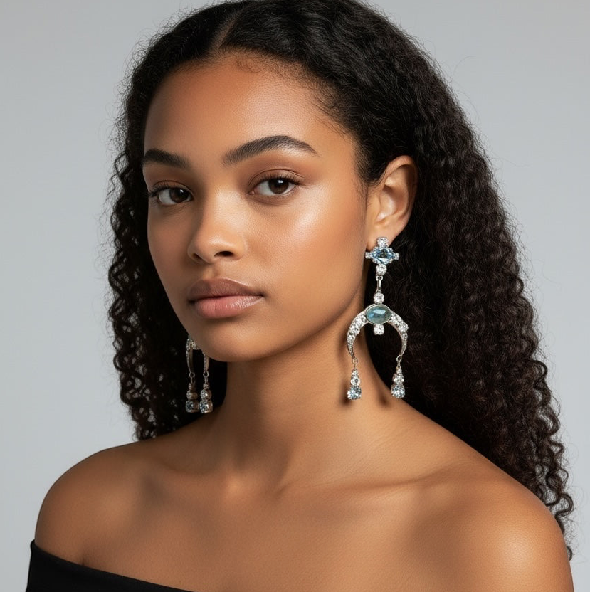 Model wearing d-by-dalia-jewelry silver-tone chandelier drop earrings with icy blue crystals and crescent accents.