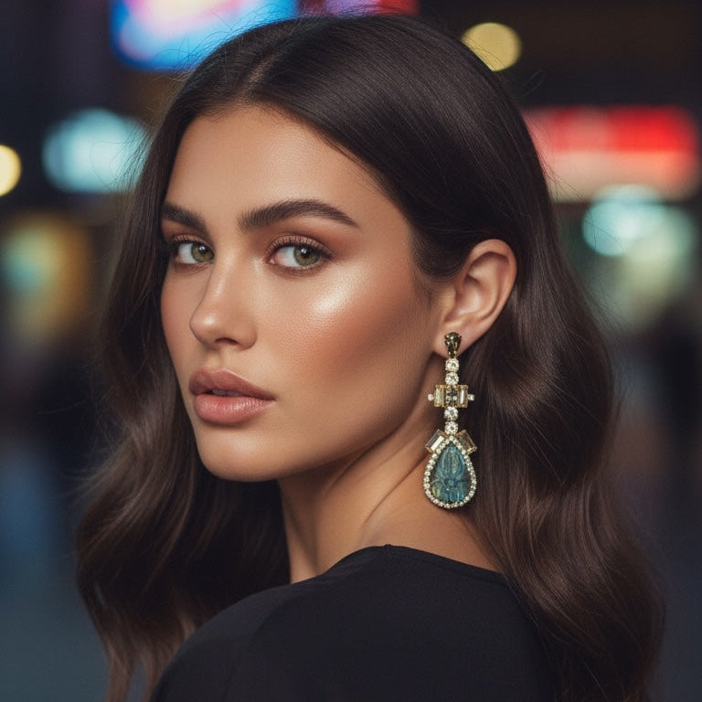 d-by-dalia-jewelry statement drop earrings with carved teardrop gemstone, crystal halo, and gold setting on a model.