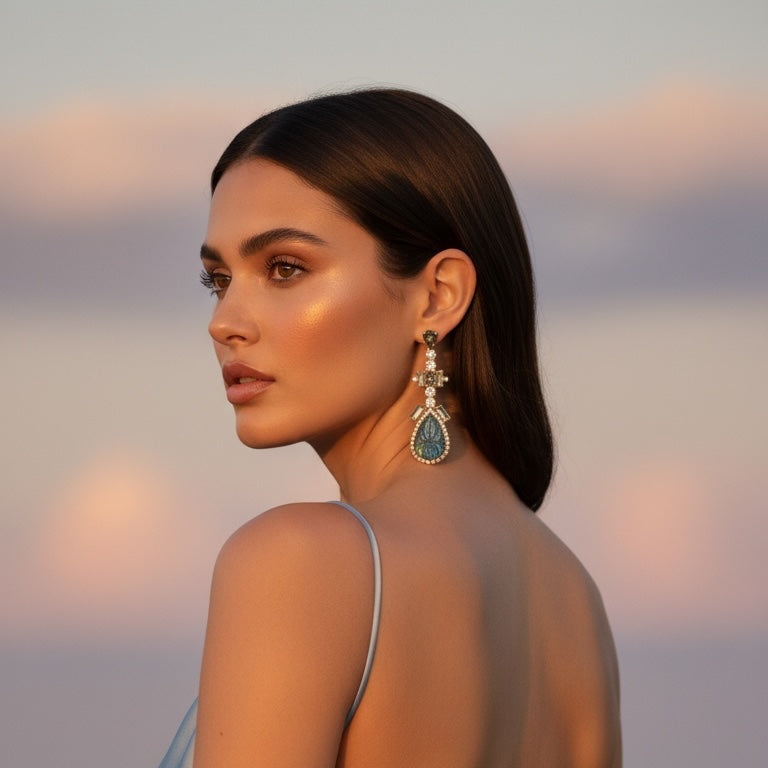 d-by-dalia-jewelry statement drop earrings with carved teardrop gemstone and crystal halo on a model in a silk dress
